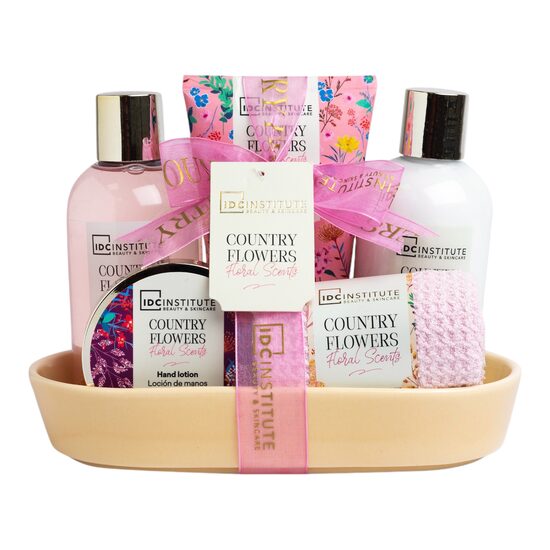 Set 5 produse de ingrijire Country Flower cu suport ceramic, IDC Institute 56232, 600 ml