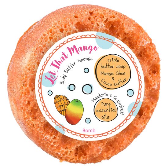 Burete de baie infuzat cu unt de corp si uleiuri esentiale Let that Mango Body Buffer  200g, Bomb Cosmetics