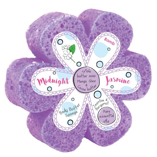 Burete de baie infuzat cu unt de corp si uleiuri esentiale Midnight Jasmine Body Buffer  200g, Bomb Cosmetics