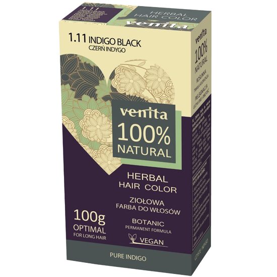 Vopsea de par pulbere, pe baza de plante, naturala 100%, Venita, Nr 1.11, Negru Indigo, 100g