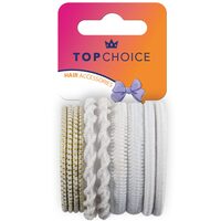  Set 10 bucati Elastic de par Top Choice 22449, alb cu insertii aurii